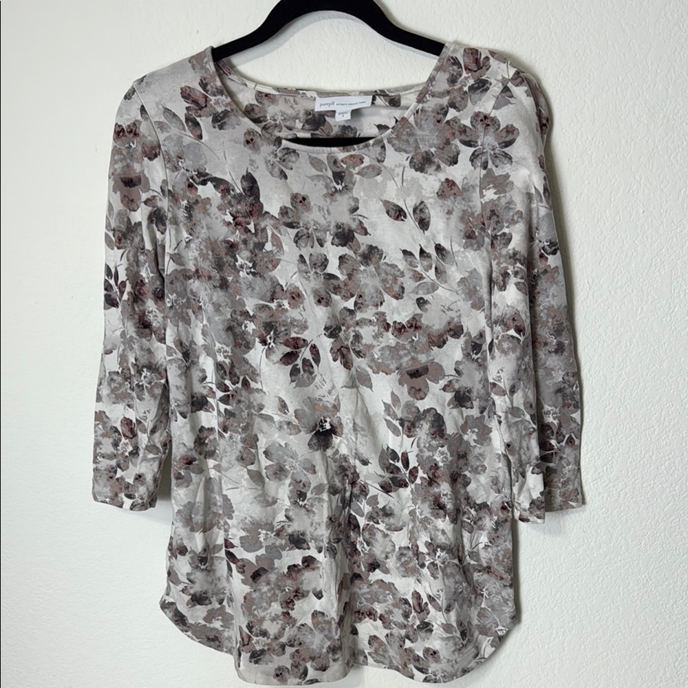 PureJill Pima Cotton Blend Floral Print Women's Top - Gray and Burgundy Size S